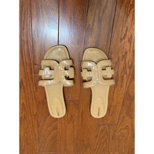 Sam Edelman Bay Patent Leather Slide Sandals Nude Beige Cutout Logo Flats 7M